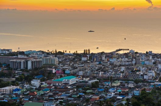 High angle view Hua Hin city at sunrise beautiful scenery town seaside in Prachuap Khiri Khan Province of Thailand.