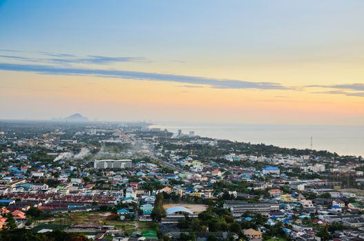 High angle view Hua Hin city at sunrise beautiful scenery town seaside in Prachuap Khiri Khan Province of Thailand.