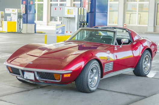 Essen, Nrw, Germany - June 08, 2014: The Corvette in the photo shown was at a gas station in Esse-Germany.The Stingray there was a coupe and a convertible version. The impressive design dates back to the late 60s. Powered by a powerful V8 engines. 