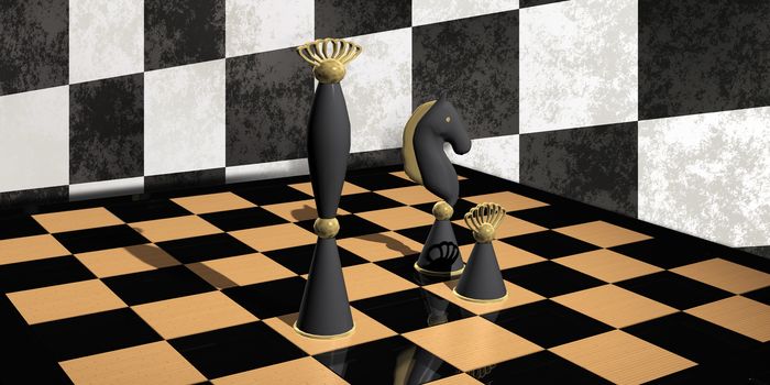 Chess composition on glossy chessboard and checkerboard wall