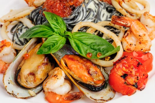 Black Pasta with Calamari Rings, Mussels, Shrimps and Basil