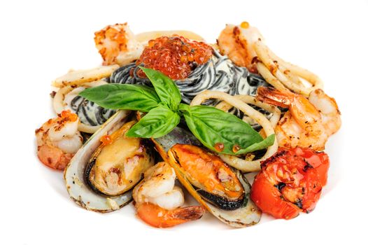 Black Pasta with Calamari Rings, Mussels, Shrimps and Basil
