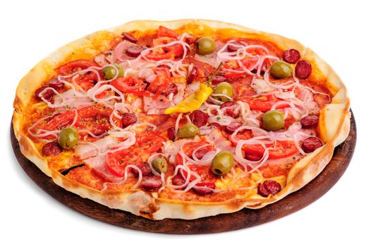 Macro closeup of pizza with tomato, salami, peppeeoni, olives and yellow hot pepper