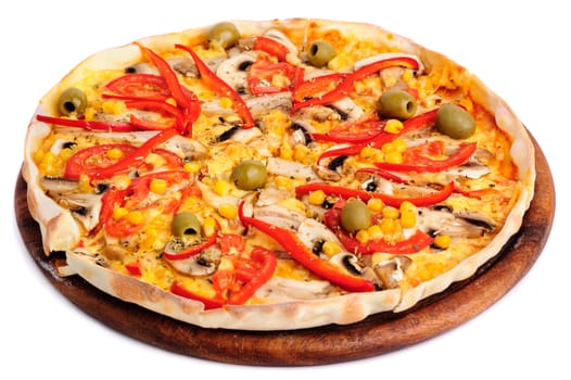 Macro closeup of pizza with mozzarella, mushrooms, sweet corn, olives and red bell pepper