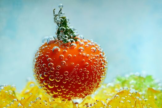 Photo of a cherry tomato with bubbles underwater on a blue background. Colorful, bright and creative food photography.