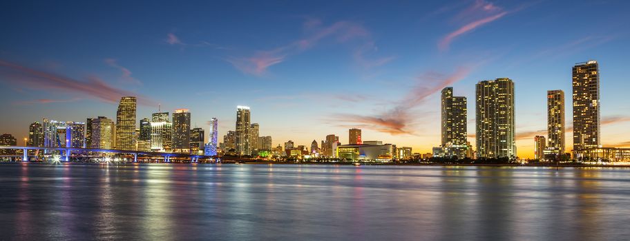 sunset  with business and residential buildings, Miami, panoramic view