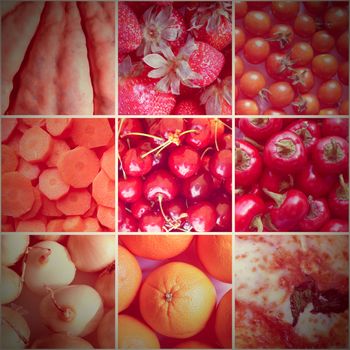 Vintage looking Food collage including 9 pictures of vegetables and fruit