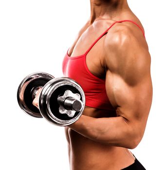 Fit woman with a barbell, isolated on white