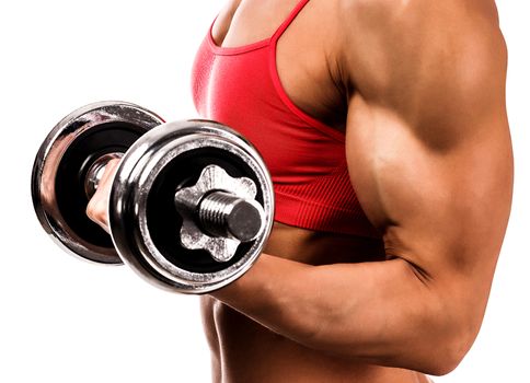 Fit woman with a barbell, isolated on white
