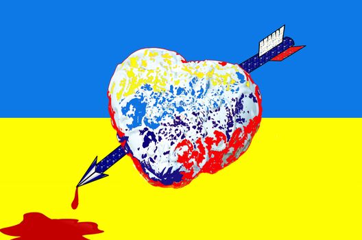 A heart pierced by an arrow with Russian colors and a pool of blood is on the flag of Ukraine.
