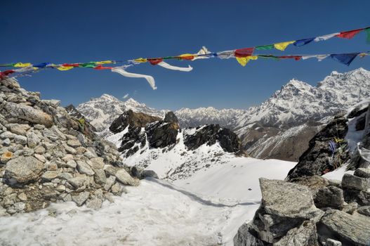 Prayer flags near Kanchenjunga in Himalyas, the third tallest mountain in the world