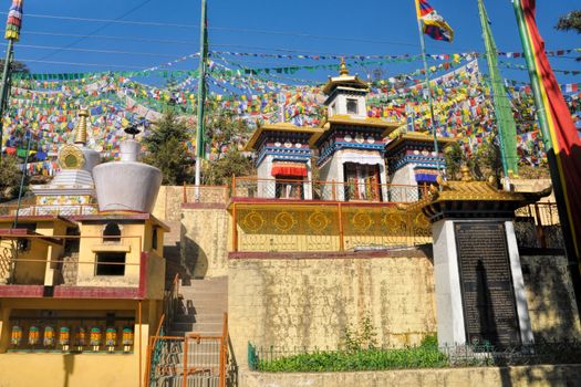 Colorful buddhist prayer flags in town of  Dharamshala, Himachal Pradesh, India