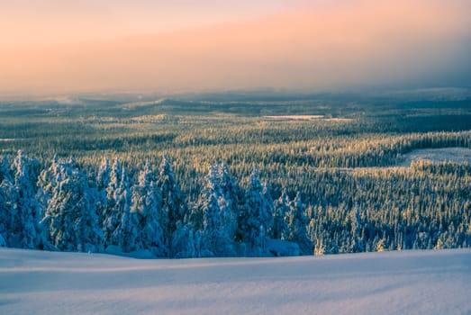 Scenic view of sun setting down over a forest in a snow-covered valley