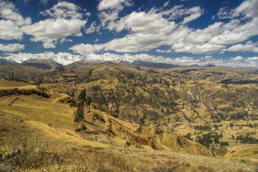 Side-view of the Peruvian Cordillera Negra bathing in sunlight                