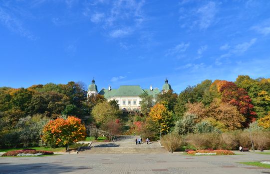 Ujazdowski Castle in Warsaw. Fall season. South facade with stairs.