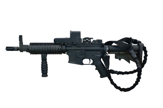 Canadian military machine gun C8 CQB 5,56 mm with holographic weapon sight. Isolated with path on white background.