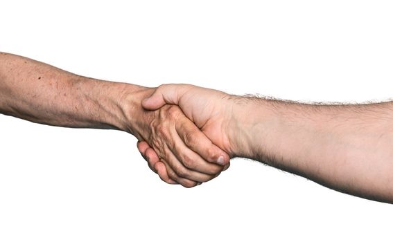 Handshaking. Shaking hands of two male people, isolated on white