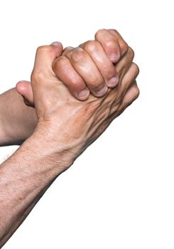 Wet hands of an elderly man isolated on white