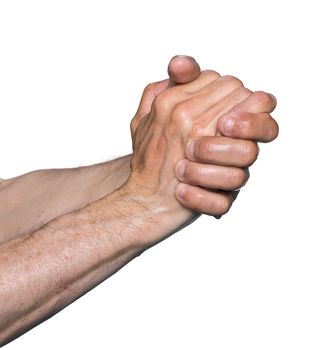 Wet hands of an elderly man isolated on white