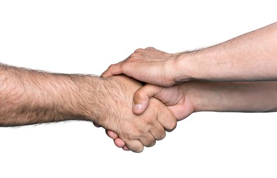 Handshaking. Shaking hands of two male people isolated on white