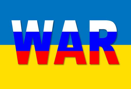 Political metaphor. Russian Ukrainian conflict. Word WAR written by colors of the Russian flag on the background of Ukrainian flag