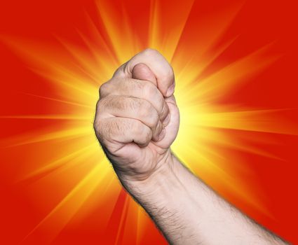 Gesturing with finger hand on red star abstract background