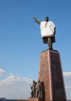 Zaporozhye, Ukraine, April 5 Oct, 2014: Monument to Vladimir Lenin dressed in Ukrainian national costume - embroidered shirt (vyshivanka)