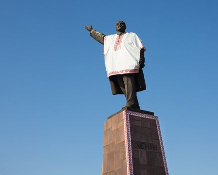 Zaporozhye, Ukraine, April 5 Oct, 2014: Monument to Vladimir Lenin dressed in Ukrainian national costume - embroidered shirt (vyshivanka)