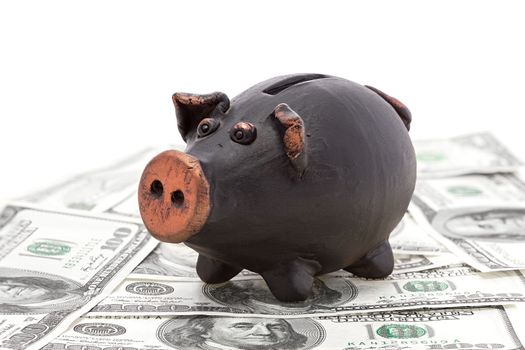Finance and economy concept. Money and black piggy bank