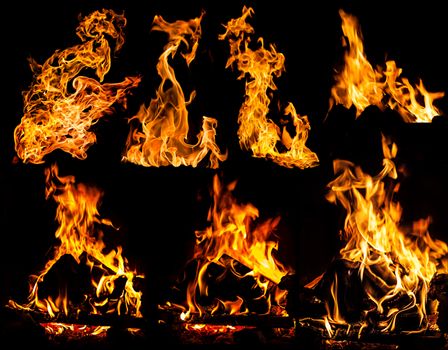 Orange fire flames on a black background set