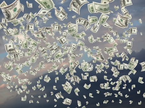 Cash, paper dollars, falling against cloudy sky. Finance concept