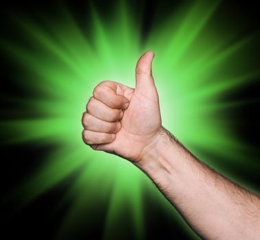 Tumb up sign on abstract green star background
