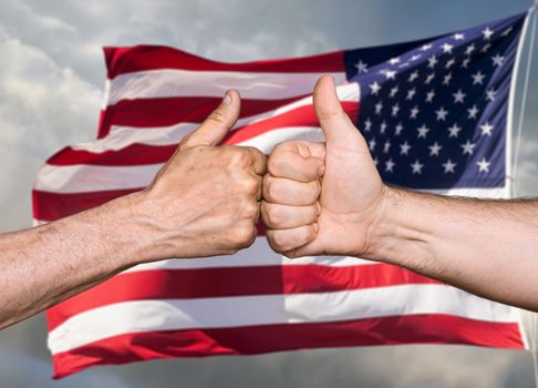 Patriotic concept. Thumbs up sign against of United States of America flag
