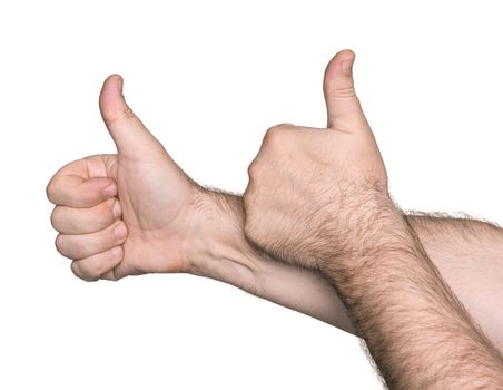 Body part. Thumbs up sign.  Isolated on white background. Focus on the fists