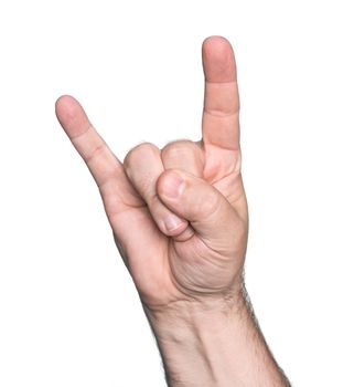 Man hand showing the Rock and Roll sign isolated on white background