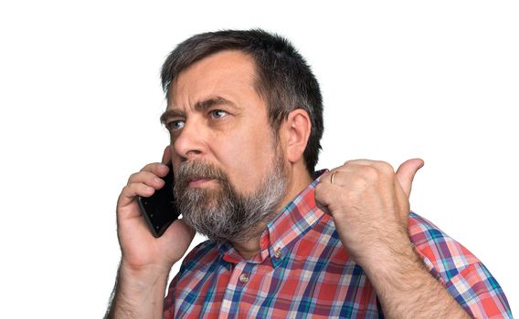 Middle-aged man speaks on a mobile phone and raised thumb up showing sign ok. Isolated on white