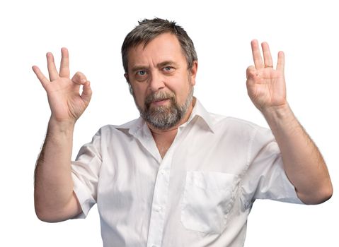 Successful man shows ok sigh on white background