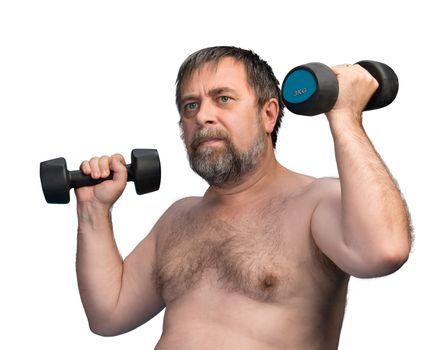 Elderly man exercising with dumbbells isolated on white background