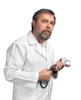 Portrait of a medical doctor with stethoscope posing against white background