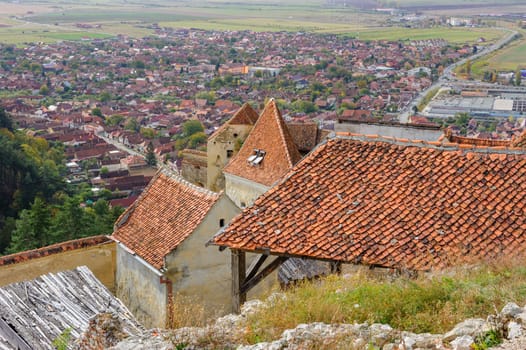 View of Rasnov city from mediieval fortress. Transylvania, Brasov, Romania
