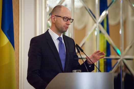 KIEV, UKRAINE - Oct 2, 2014: Prime Minister Yatsenyuk speaks during a meeting with representatives of the companies that are part of the European Business Association and American Chamber of Commerce