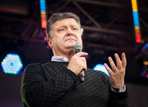 Uzhgorod, Ukraine - May 1, 2014: Most rating Ukrainian presidential candidate Petro Poroshenko speaks at election meeting before the voters