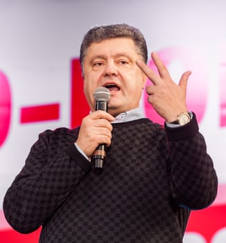 Uzhgorod, Ukraine - May 1, 2014: Most rating Ukrainian presidential candidate Petro Poroshenko speaks at election meeting before the voters