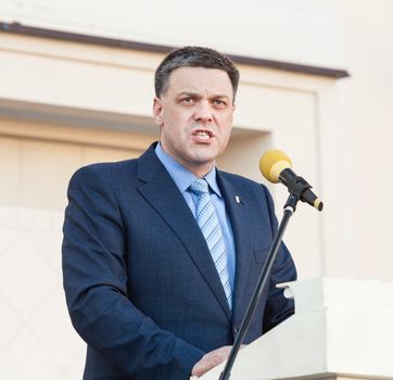 UZHGOROD, UKRAINE - MAY 5, 2014: People's Deputy of Ukraine, Ukrainian presidential candidate Oleh Tiahnybok speaks at election meeting in Uzhgorod