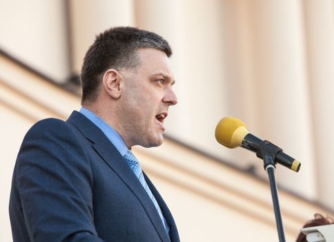 UZHGOROD, UKRAINE - MAY 5, 2014: People's Deputy of Ukraine, Ukrainian presidential candidate Oleh Tiahnybok speaks at election meeting in Uzhgorod