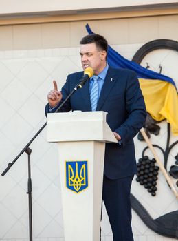 UZHGOROD, UKRAINE - MAY 5, 2014: People's Deputy of Ukraine, Ukrainian presidential candidate Oleh Tiahnybok speaks at election meeting in Uzhgorod
