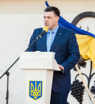 UZHGOROD, UKRAINE - MAY 5, 2014: People's Deputy of Ukraine, Ukrainian presidential candidate Oleh Tiahnybok speaks at election meeting in Uzhgorod