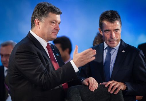 NEWPORT, WALES, UK - Sep 4, 2014: President of Ukraine Petro Poroshenko, left, and NATO Secretary General Anders Fogh Rasmussen at the NATO summit in Newport (Wales, UK)