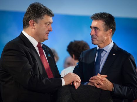 NEWPORT, WALES, UK - Sep 4, 2014: President of Ukraine Petro Poroshenko, left, and NATO Secretary General Anders Fogh Rasmussen at the NATO summit in Newport (Wales, UK)