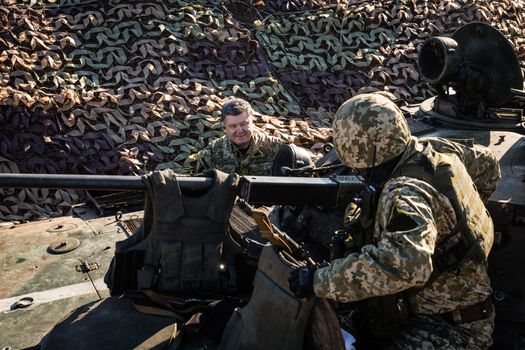DONETSK REGION, UKRAINE - Oct 10, 2014: President of Ukraine Petro Poroshenko inspected the fortifications in the Donetsk region
